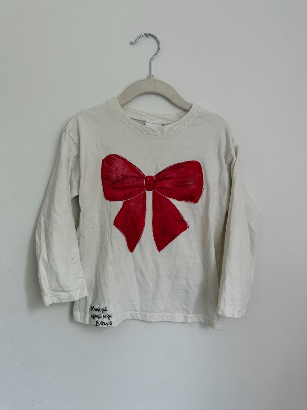 Zara Kids Long-Sleeve White Top with Red Bow (Size 4)